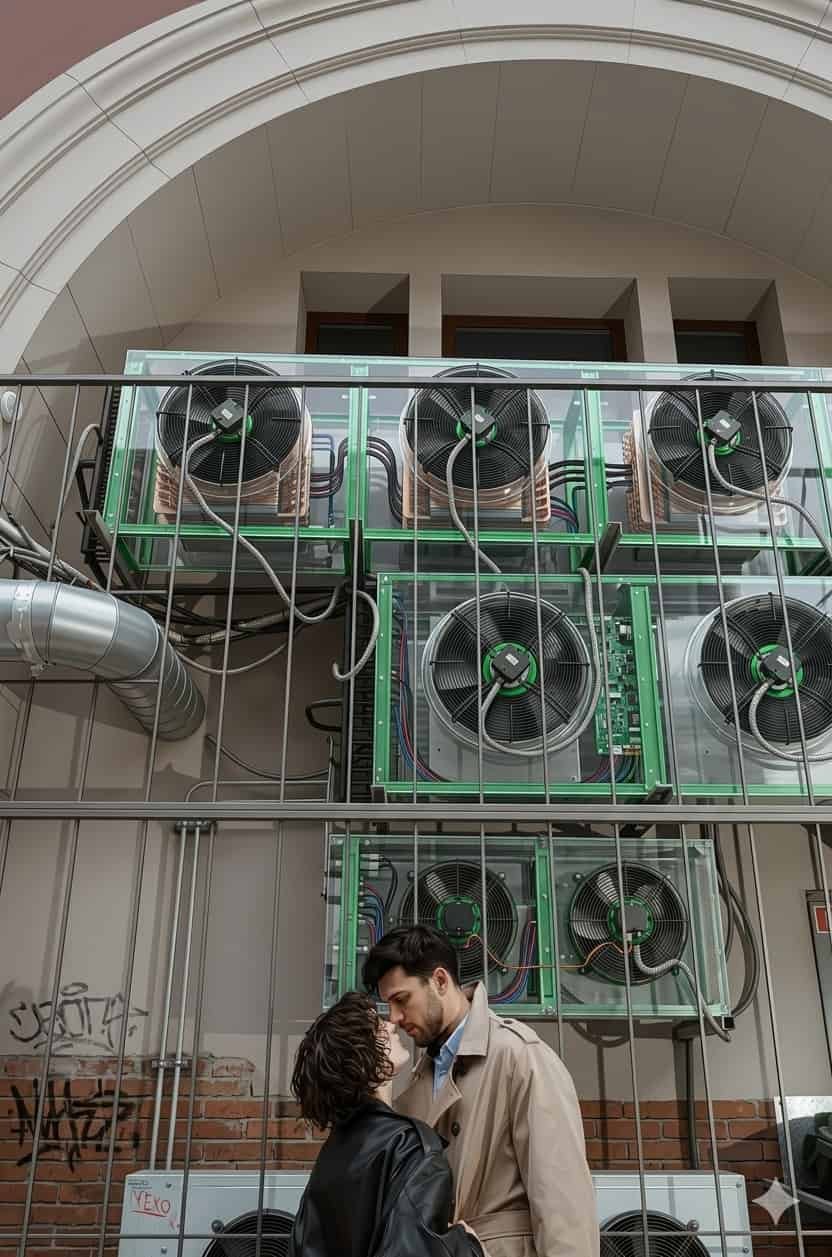 Pareja frente a una compleja instalación de unidades exteriores de aire acondicionado industrial y comercial para el servicio técnico multimarca A-plus