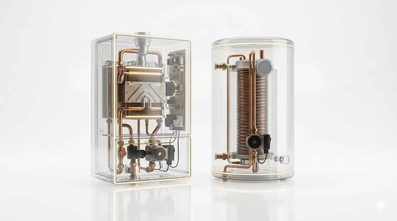 Reparación de Calderas y Termos Eléctricos | A-plus Vista interior de los componentes de cobre de una caldera y un termo eléctrico para el servicio técnico de reparación independiente A-plus