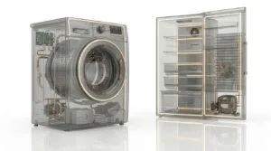 Render técnico transparente de una lavadora y un frigorífico mostrando sus componentes mecánicos internos, reparados por el servicio técnico independiente multimarca A-plus