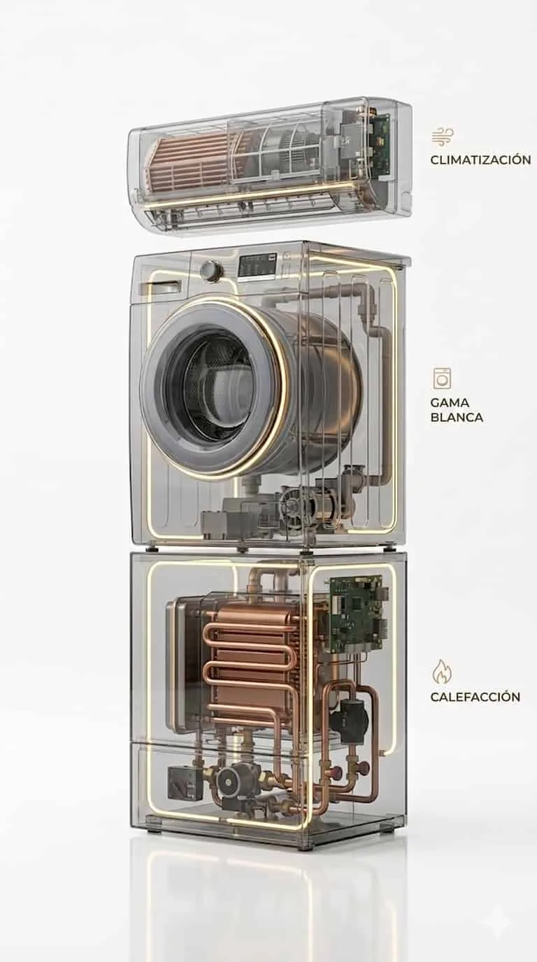 Infografía 3D transparente de un equipo de aire acondicionado, una lavadora y una caldera que representa los servicios de climatización, gama blanca y calefacción de A-plus