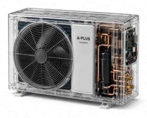 Detalle del motor compresor, ventilador y electrónica de la unidad exterior de un sistema de climatización, componentes que diagnosticamos y reparamos en Madrid.