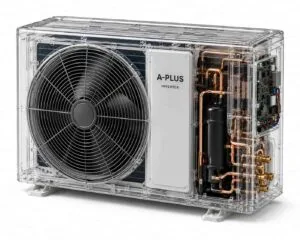 Detalle del motor compresor, ventilador y electrónica de la unidad exterior de un sistema de climatización, componentes que diagnosticamos y reparamos en Madrid.