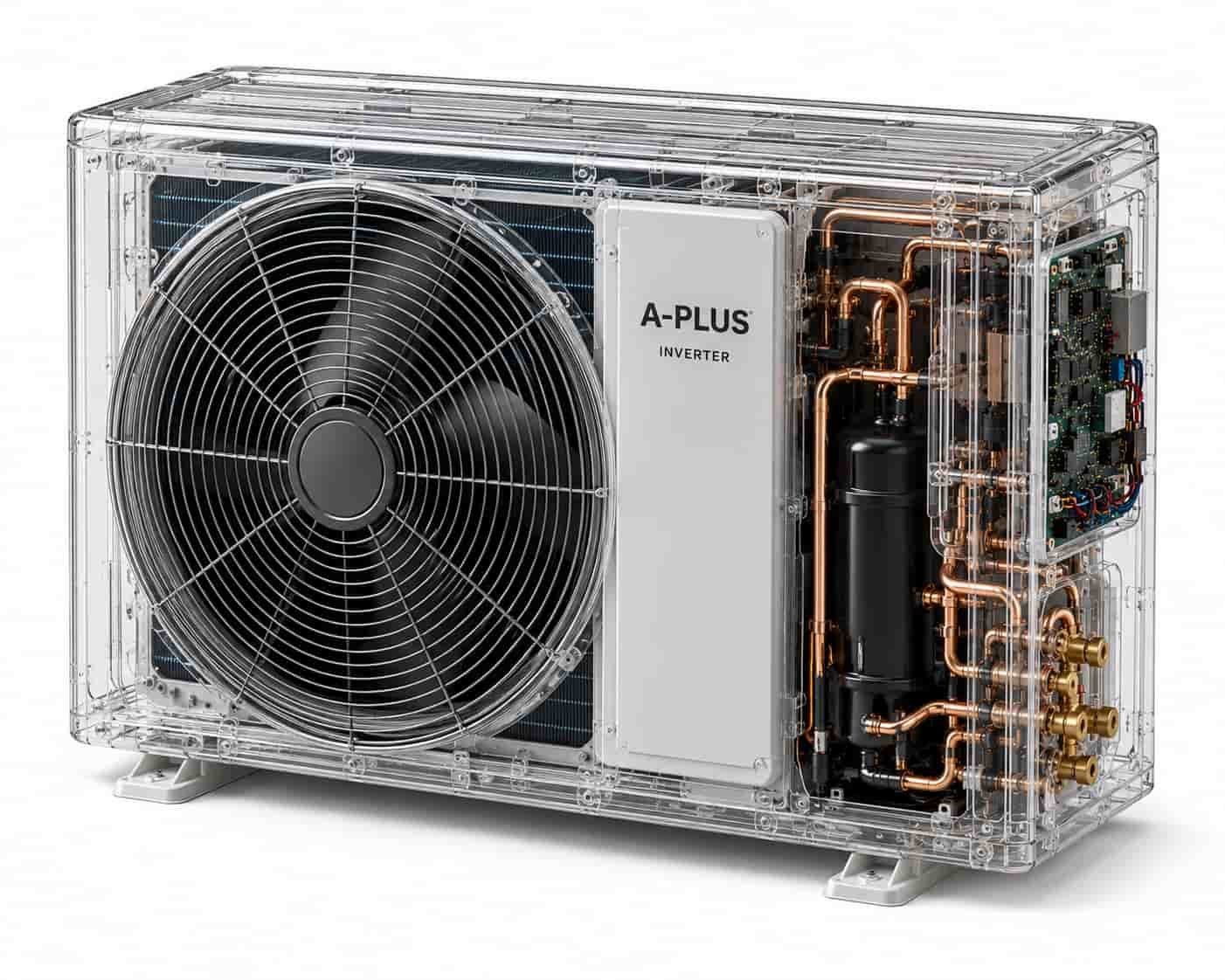 Detalle del motor compresor, ventilador y electrónica de la unidad exterior de un sistema de climatización, componentes que diagnosticamos y reparamos en Madrid.